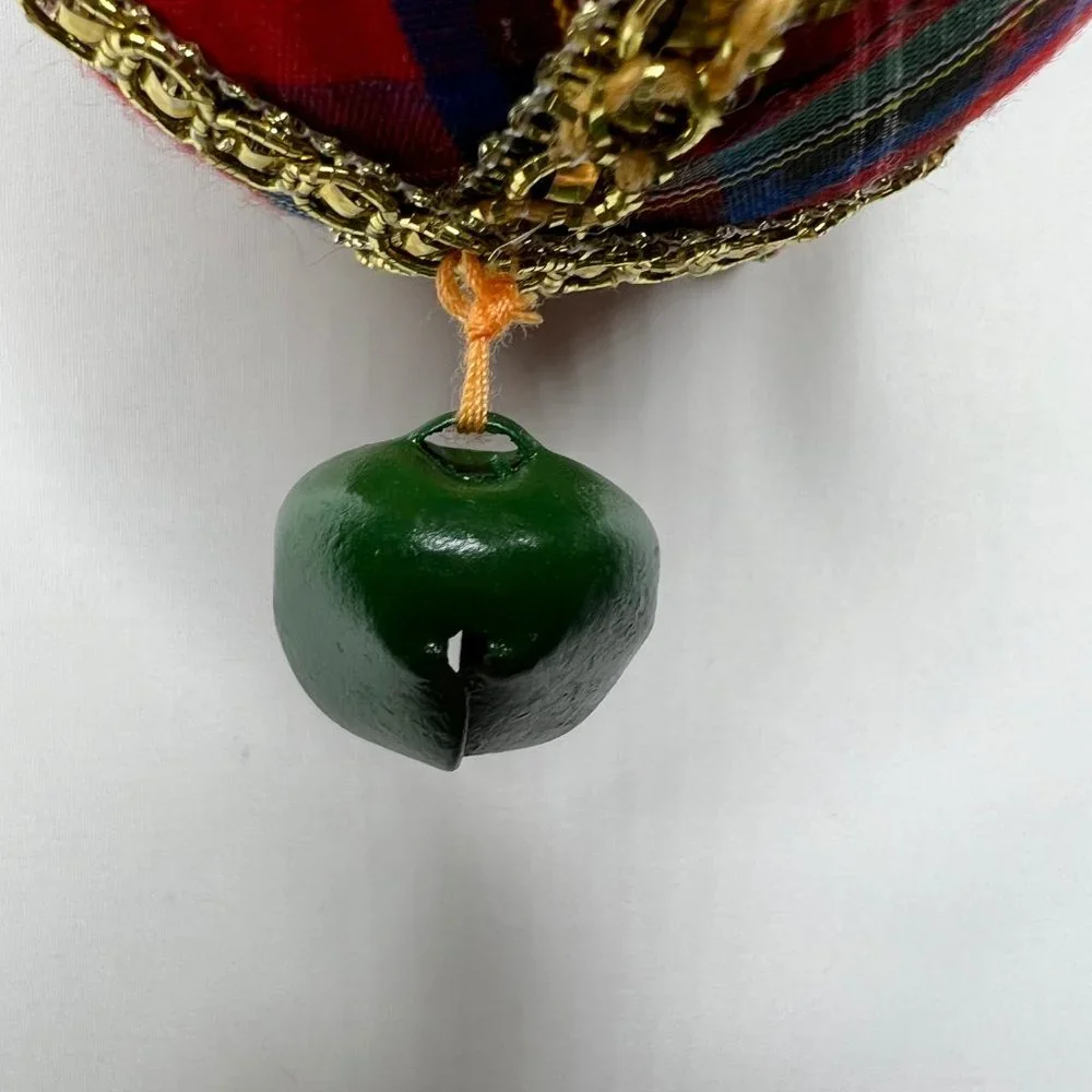 Vintage Hand Made Christmas Ball Ornament 4”long Red Plaid Bow Green Jingle Bell